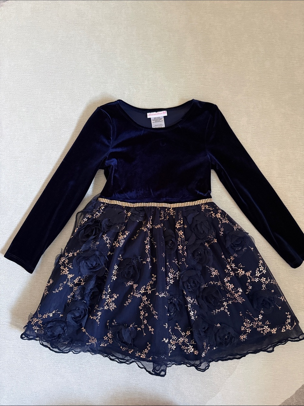 Bonnie Jean Navy Blue Velvet & Floral Party Dress with Gold Accents